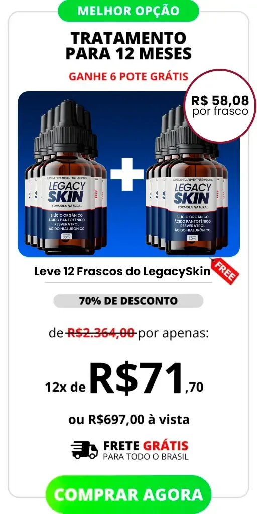 Imagem do Kit com 12 unidades do Legacy Skin, gotas anti-idade desenvolvidas para reduzir rugas e flacidez. Produto oficial, fácil de usar, indicado para quem busca pele mais firme, hidratada e rejuvenescida. Compre agora e veja resultados visíveis em poucas semanas