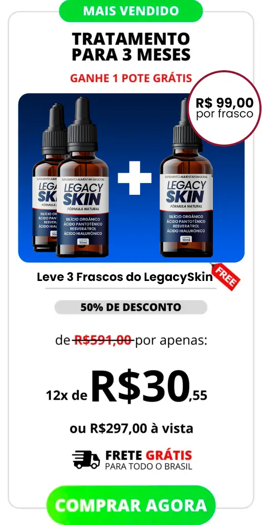 Imagem do Kit com 3 unidades do Legacy Skin, gotas anti-idade desenvolvidas para reduzir rugas e flacidez. Produto oficial, fácil de usar, indicado para quem busca pele mais firme, hidratada e rejuvenescida. Compre agora e perceba resultados visíveis em poucas semanas