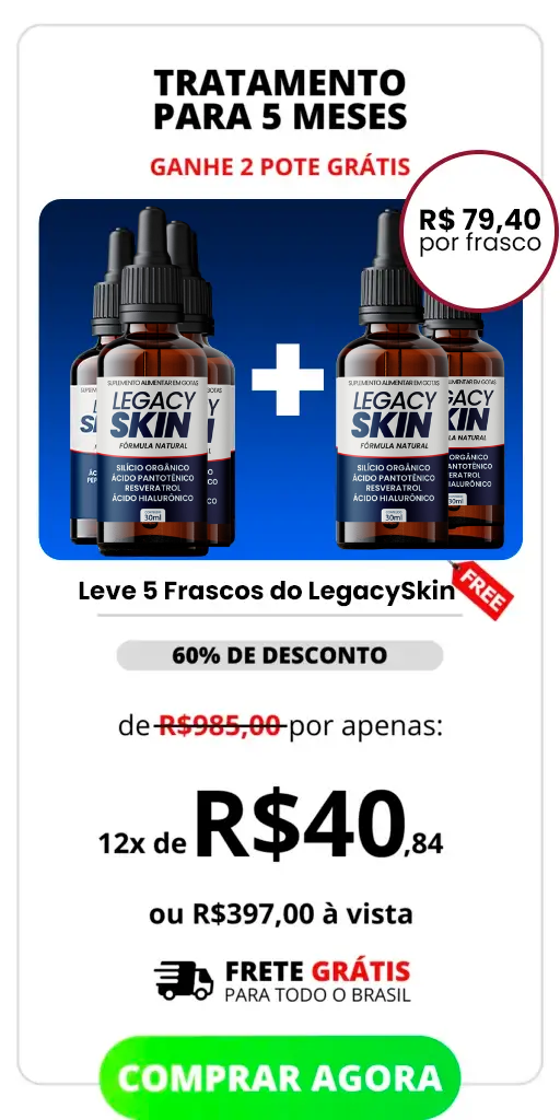 Imagem do Kit com 5 unidades do Legacy Skin, gotas anti-idade desenvolvidas para reduzir rugas e flacidez. Produto oficial, fácil de usar, indicado para quem busca pele mais firme, hidratada e rejuvenescida. Compre agora e perceba resultados visíveis em poucas semanas